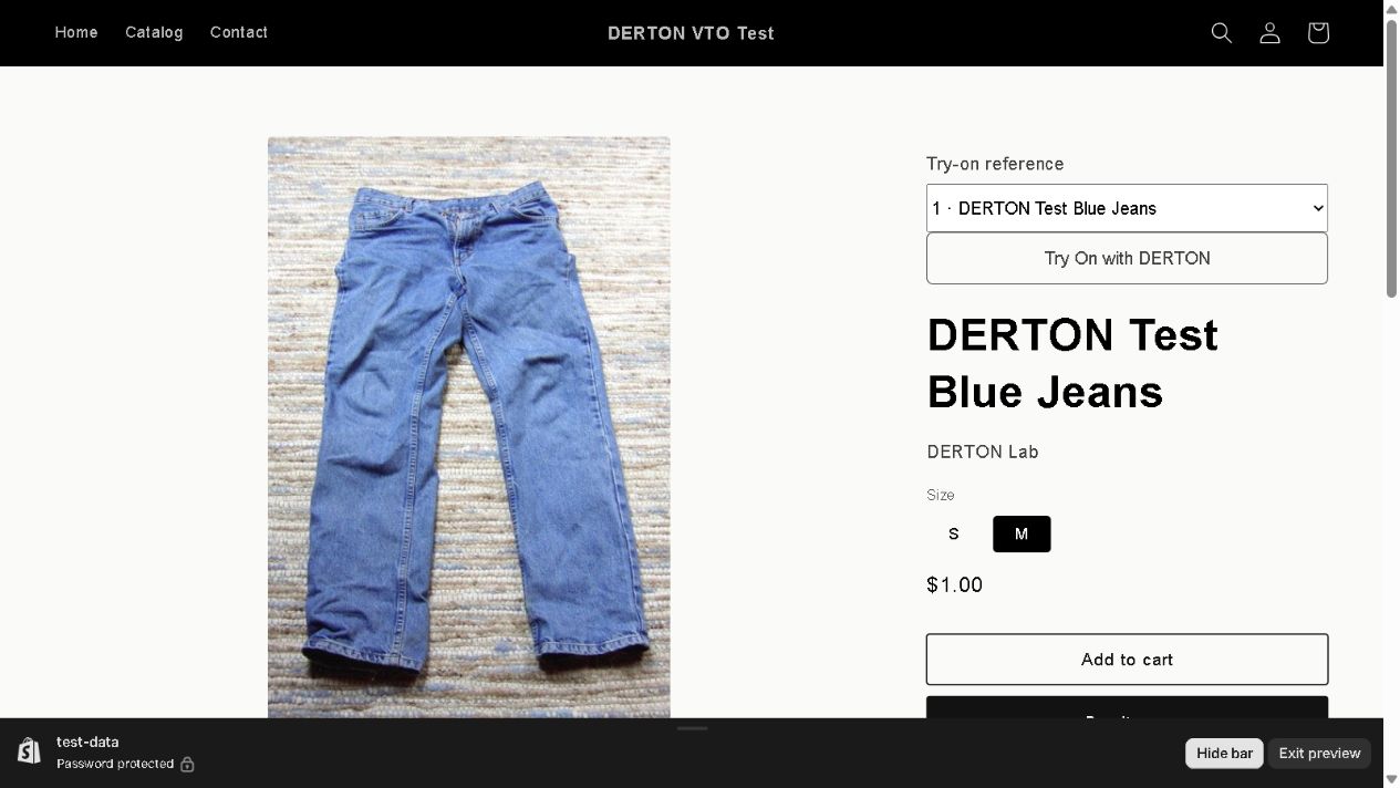 Shopify test store: jeans product page with Try On with DERTON button